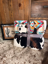Load image into Gallery viewer, Cowprint Turquoise Aztec Plush Blanket
