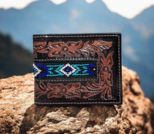 Load image into Gallery viewer, Blue Aztec Tooled Leather Mens Wallet
