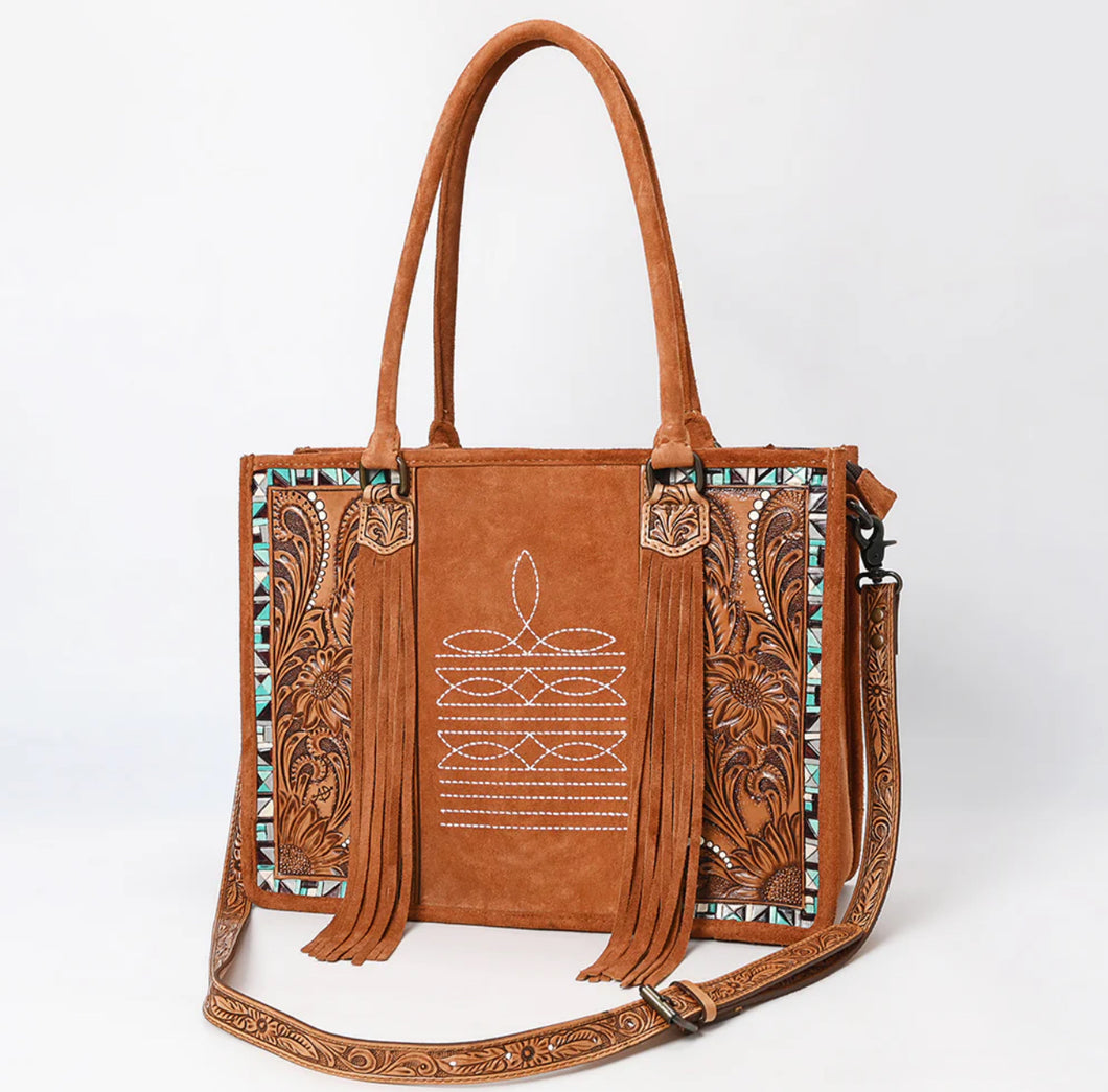 Tan Suede Western Tote Bag