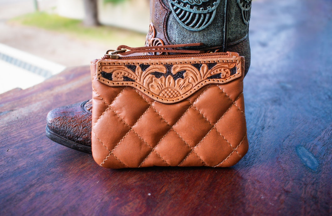 Tan Tooled Leather Coin Pouch