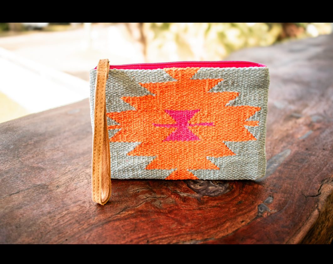 Orange, Pink Aztec Wristlet