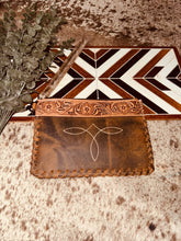 Load image into Gallery viewer, Bootstitch Tan Leather &amp; Cowhide Wristlet
