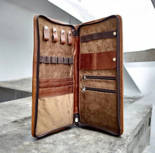 Load image into Gallery viewer, Tan Cowhide &amp; Tooled Jewellery Wallet
