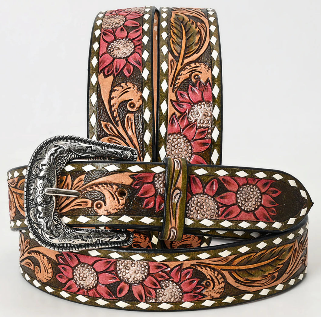 Pink Floral Tooled Belt