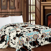 Load image into Gallery viewer, Cowprint Turquoise Aztec Plush Blanket
