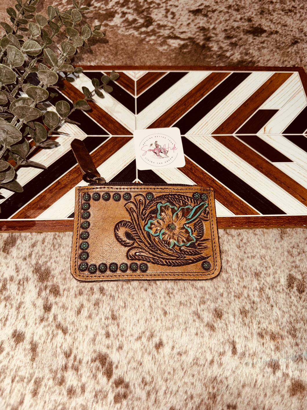 Aqua Lotus Cowhide Coin Pouch