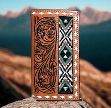 Load image into Gallery viewer, Aztec Tooled Leather Mens Wallet Tall
