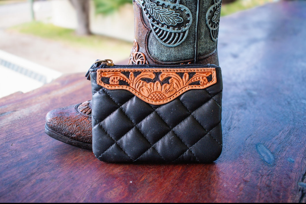 Black Tooled Leather Coin Pouch